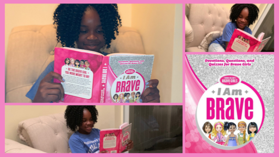 photo collage of girl reading I am Brave book.